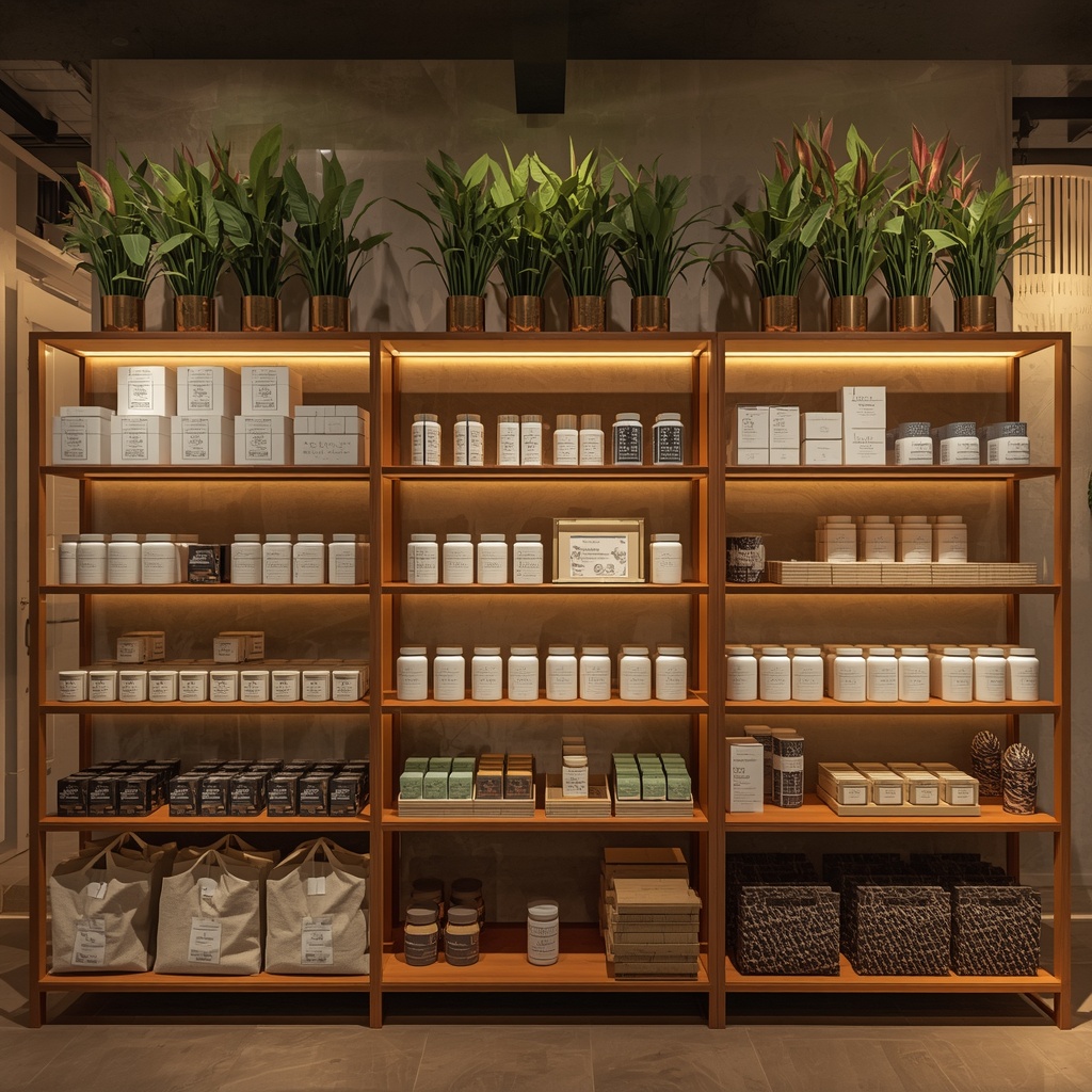 A neatly arranged retail display featuring various products on wooden shelving with warm ambient lighting and decorative plants in the background